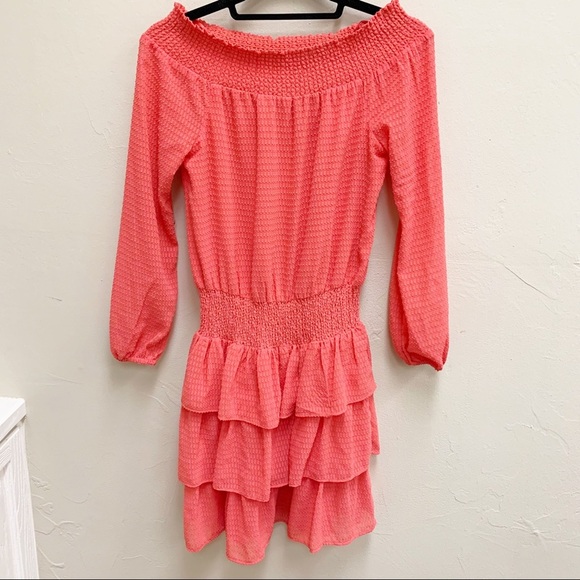 Michael Kors Womens Orange Swiss Dot Off Shoulder Ruffle Tiered Semi Sheer Dress - Picture 2 of 10